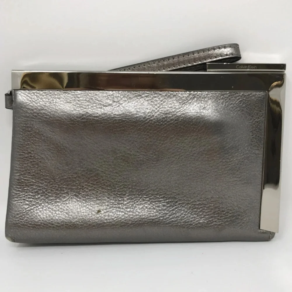 Calvin Klein Pewter Silver Metallic Leather Wristlet Clutch Vintage